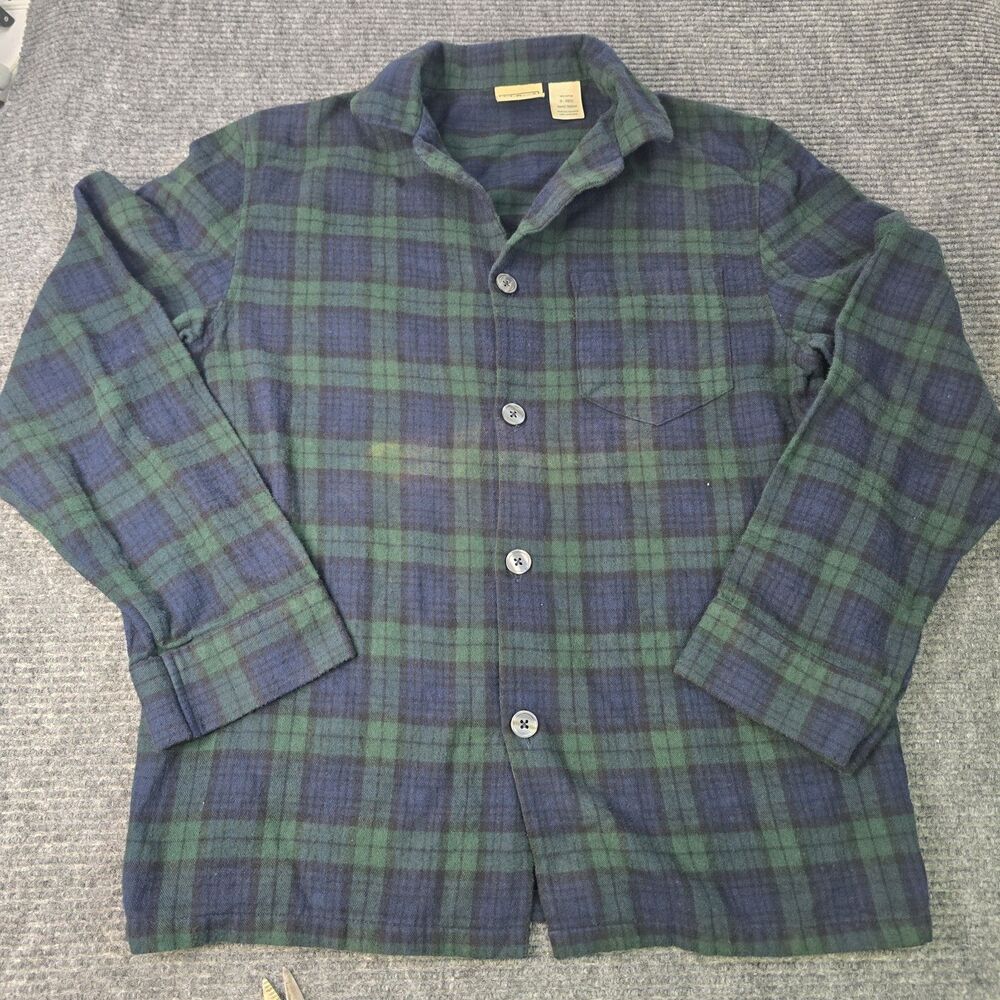 L.L. Bean Pajama Top Men Small Blue Green Flannel Plaid Button Front Long Sleeve